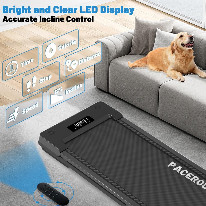 PACEROCKER Walking Pad Treadmill with 12% 9-Level Auto Incline, 450 lbs Capacity Bluetooth Speaker Under Desk Treadmills for Home Hiking, Black