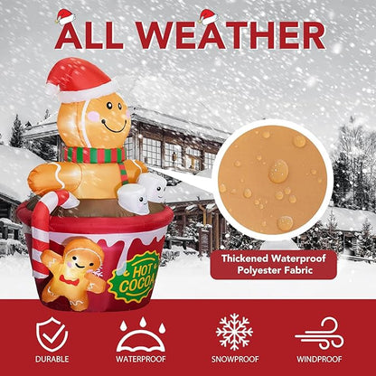 ZPISF 6 FT Christmas Inflatables Outdoor Decorations, Cute Christmas Blow Up Yard Decorations Gingerbread Man in Hot Cocoa Mug Scene for Garden Lawn Xmas Decor