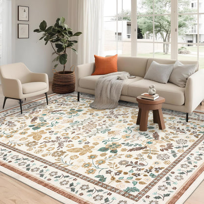 GarveeHome Rugs for Living Room 9x12 Machine Washable Soft Print Boho Low Pile Flower Area Rugs Non-Slip Backing Stain Resistant for Bedroom Farmhouse Dining Room Nursery Beige