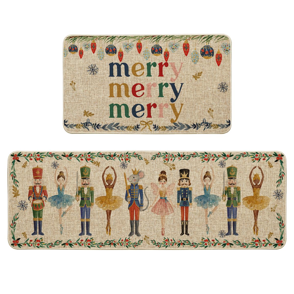 Artoid Mode Watercolor Nutcrackers Merry Christmas Decorative Kitchen Mats Set of 2, Home Party Low-Profile Kitchen Rugs - 17x29 and 17x47 Inch