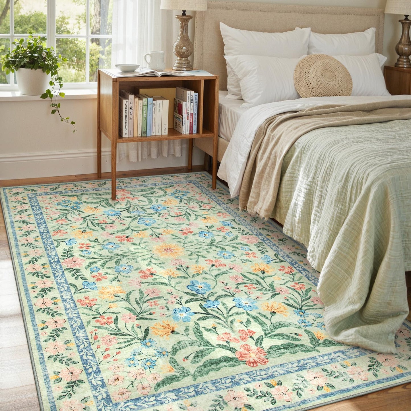 Lahome Sylvie Washable Green Rug, 5x7 Whimsical Floral Rug for Nursery, Boho Cute Bedroom Carpet for Playroom Baby Girl Nursery Classroom Decor, Green/Multi