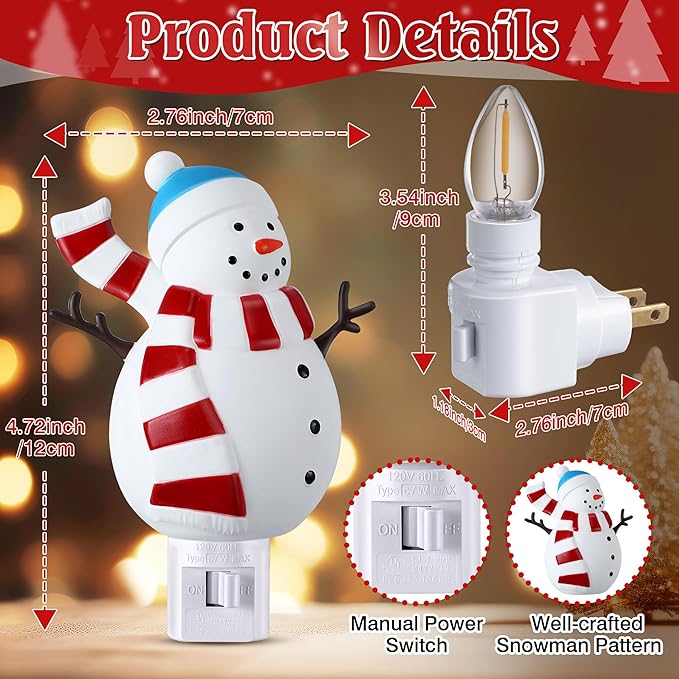 Christmas Decoration Snowman Night Light Plug in, 120V C7 LED Xmas Wall Plug in Nightlights, Christmas Night Light Decor for Bedroom Bathroom Kitchen Hallway Stairs