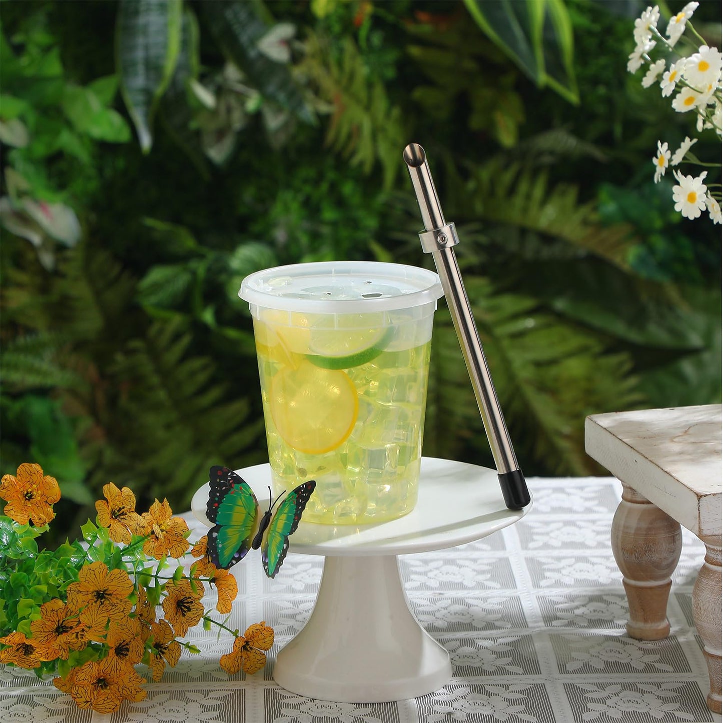 Lasnten 2 Pack Straw Puncher for Plastic Lids Lemonade Cups, Stainless Steel Straw Hole Puncher Punching Tools for Cafe Drinks Deli Container Squeezed Fresh Lemonade Stand Supplies(8.7 Inch,Black)