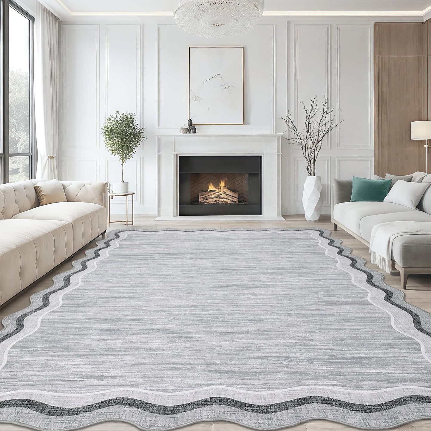 Garvee Scalloped 8x10 Rugs Washable Area Rugs for Living Room,Modern Stain Resistant Solid Rug for Bedroom, Scalloped Low Pile Non-Slip Neutral Rug for Farmhouse Dining Room Home Office Dorm,Grey