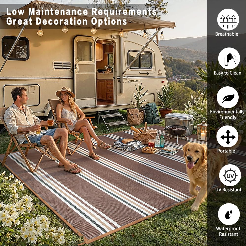 PureCozy Outdoor Waterproof 6x9 Rug for Patio Reversible Plastic Straw Brown Striped Camping Mat Outside Lightweight Large Floor Mat for RV Deck Beach Balcony Picnic Backyard Entry Porch