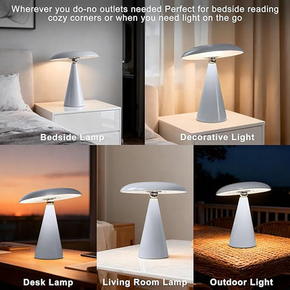 Mushroom Lamp Mid Century Modern Table Lamp, LED Cordless Rechargeable Bedside Light, Dimmable Touch 3-Color Temp, Retro Small Lamp for Bedroom, Living Room，Aesthetic Decor(Gray)