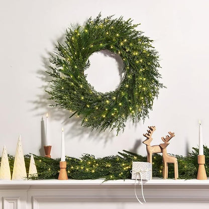 LampLust Winter Wreaths for Front Door Outside, 24 Inch Alpine Fir, Hemlock & Cypress Evergreen Wreath, 100 LED Lights, Battery Powered, Timer, Farmhouse Wreath Year Round, Winter Wreaths for Indoors