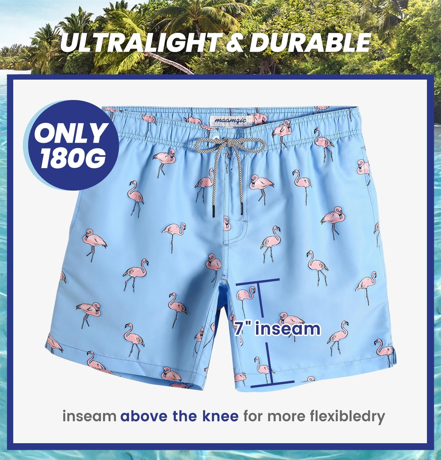 maamgic Mens Swim Trunks Quick Dry Swim Shorts with Mesh Lining Funny Swimwear Bathing Suits 7inch Flamingo Blue Small