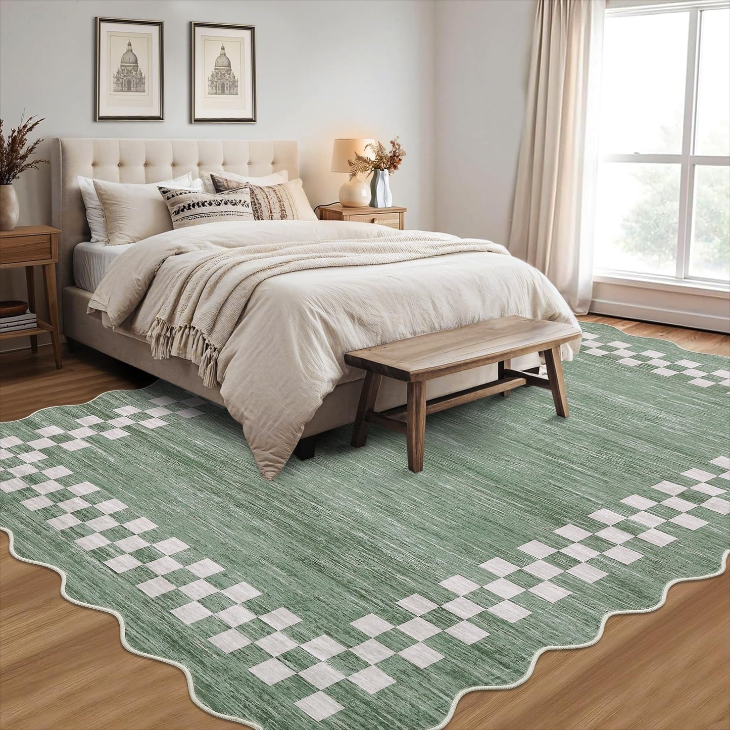 GarveeHome Washable Rug 5x7 for Living Room Large Bedroom Scalloped Rug Non Slip Stain Resistant Modern Border Throw Carpet Soft Boho Rug for Dining Room Nursery Home Office, Green
