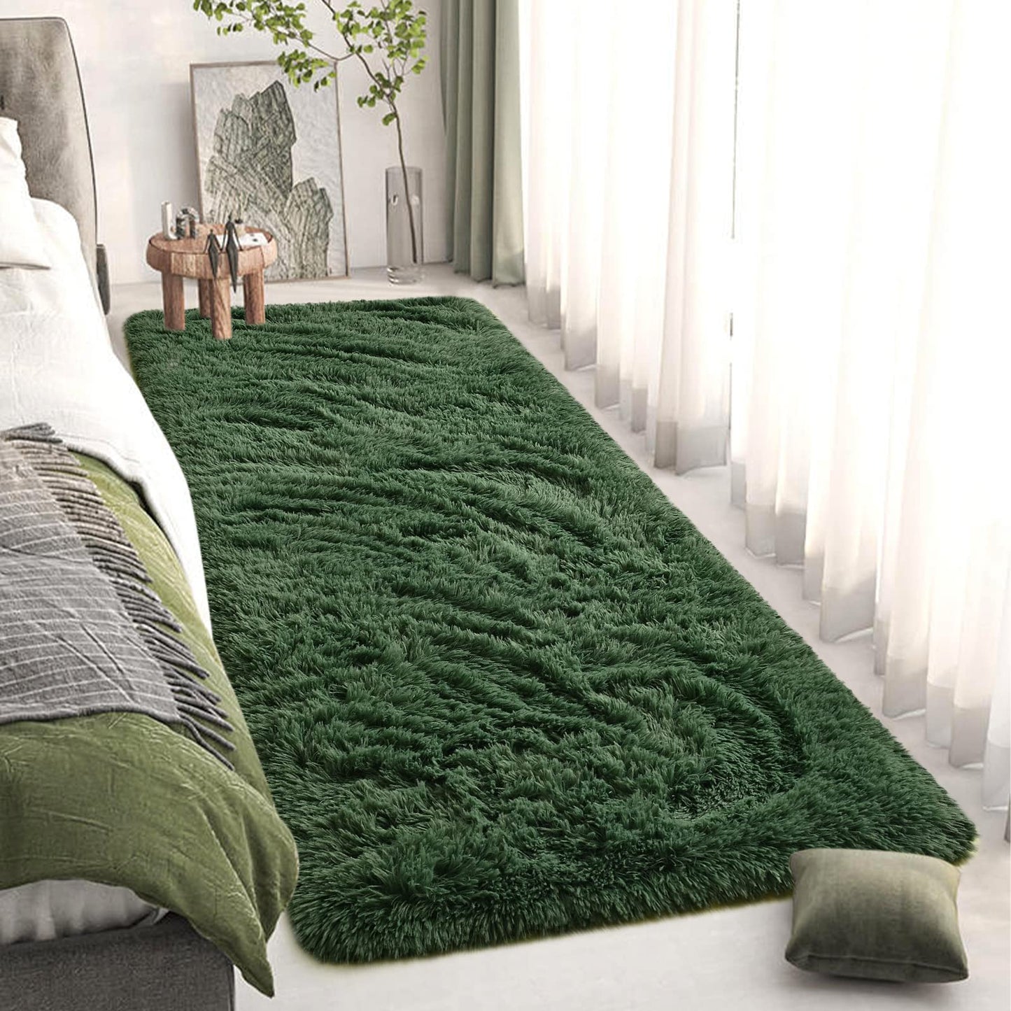DweIke Fluffy Dark Green Runner Rugs for Bedroom, 2x6 Feet Soft Plush Long Runners for Girls Boys Kids, Non-Slip and Machine Washable Bedside Rug, Small Throw Carpet for Hallway Rooms Decor