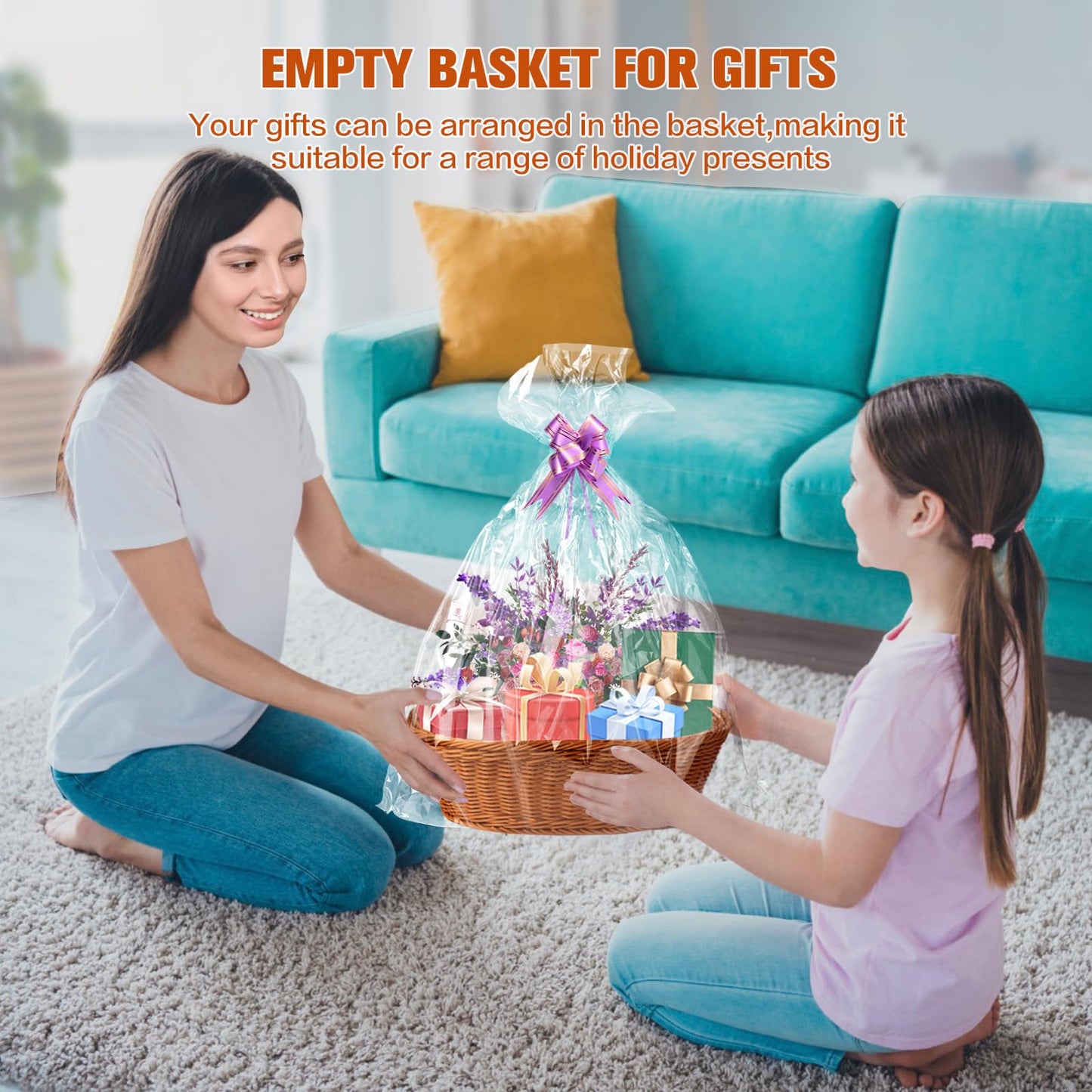 Boensi 2 Pack gift baskets empty, 14.9"x 11" x 4.7"Wicker Basket with Ribbon,Gift Bag – Bread Basket Perfect for Kitchen Storage,Christmas Gift,Table Centerpiece,Serving Bread, Fruit & Vegetable