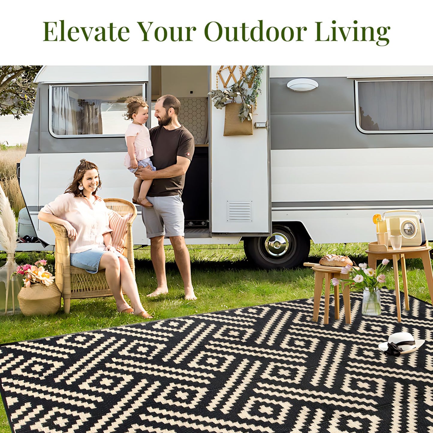 OPPODREAM Outdoor Rug 5x7 Ft, Waterproof Outdoor Plastic Straw Rug for Patio, Reversible Out Door Carpet for Camping, Deck, Rv, 5 x 7 Area Carpet for Balcony, Porch, Backyard, Black and Beige