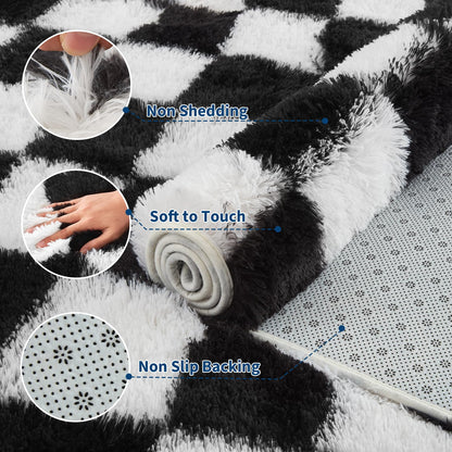Garvee Checkered Area Rug 9x12 Large Rug Thick Super Soft Shaggy Rugs Fluffy Carpet Fluffy Fuzzy Shag Washable Rugs for Living Room Nursery Bedroom Luxury Playroom Teen Plush Carpets,Black and White