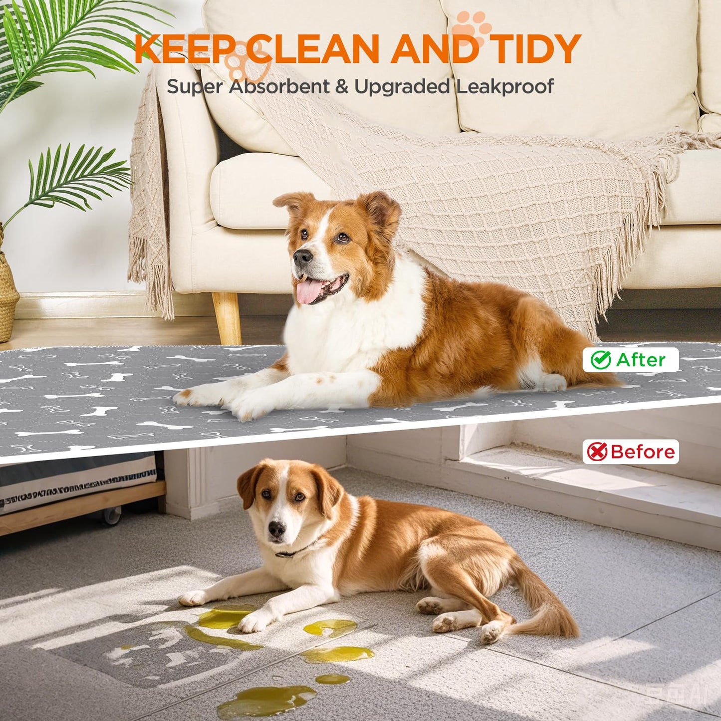 Baodan Washable Pee Pads for Dogs, 2 Pack Large Reusable Puppy Pads, Non-Slip Waterproof Dog Mats for Floors, Fast-Absorbent Whelping Pad, Playpen Mat for Crate or Indoor Use (36"x48", Gray)
