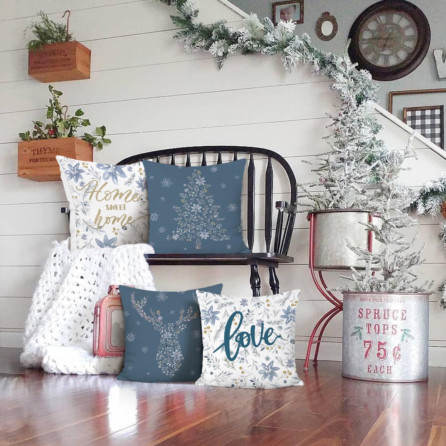 Bonhause Winter Throw Pillow Covers 18 x 18 Inch Home Sweet Home Snowflake Xmas Tree Deer Blue Grey Christmas Decorations Pillows for Sofa Couch Winter Decor Set of 4