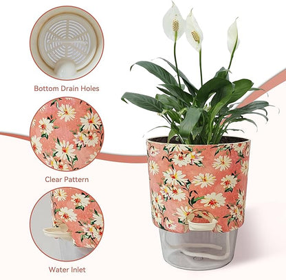 2 pcs Self Watering Plant Pots - 4.8 in Plastic Planter with Drainage Holes, Indoor Outdoor Flower Pots for African Violet, Succulents, Herbs, Cactus, Basil, Flower Printed