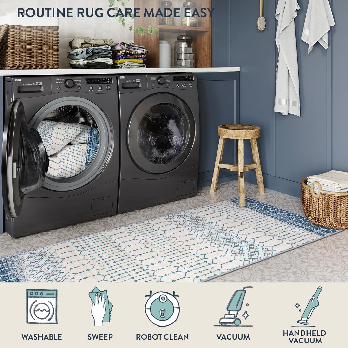 Lahome Moroccan Entryway Rugs Indoor 2x3 Area Rug Blue Non-Slip Backing Washable Indoor Mats for Entryway Low-Profile Throw Soft Rugs for Bathroom, Geometric Print Door Rug for Kitchen Bedside Hana
