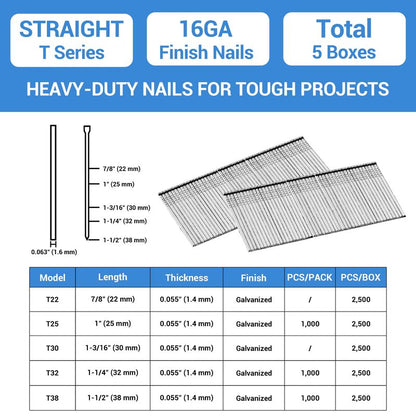 meite 16 Gauge Finish Nails 1-1/4 Inch Galvanized Straight Finishing Nails for Finish Nailer Gun Window Casing Baseboard Crown Molding, 5 Boxes/12,500PCS