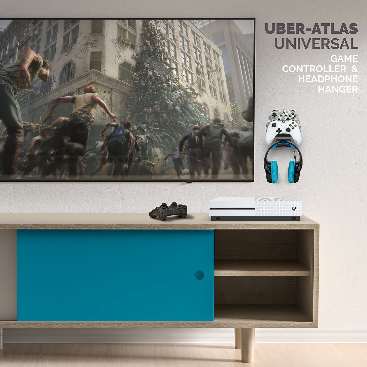 The UberAtlas Dual Game Controller & Headphone Stand Wall Mount Holder for Xbox ONE, Series X, PS5, PS4, PS3, Switch, STEELSERIES Gamepad & More, Stay Organized No Screws, by Brainwavz (Two Pack)