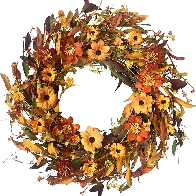Fall Front Door Wreath,18” Artificial Floral Wreaths with Colorful Daisies and Fall Orange Wreath for Front Door Wall Window and Thanksgiving Decor
