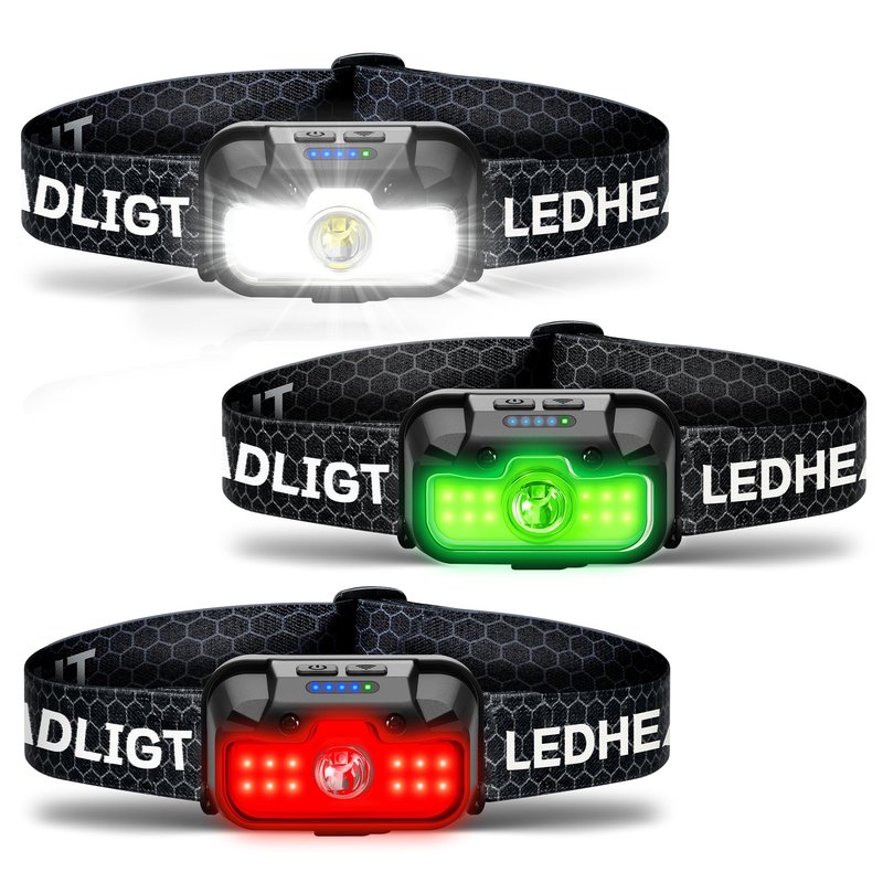 HOKOILN 3-Pack LED Headlamp Rechargeable with Green & Red Light -1300 Lumen Ultra-Bright Flashlight Headlight for Camping, Running, Hiking, Fishing - Waterproof with 7 Modes