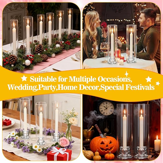 6 Set Hurricane Glass Candlestick Holders 12.6" Two Side Open Glass Candle Holders and 2.2" Taper Candlesticks Holder Bulk for Table Centerpiece Wedding Christmas Home Decor