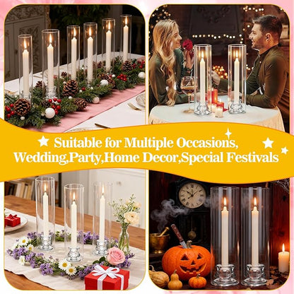 3 Set Hurricane Glass Candlestick Holders 12.6" Two Side Open Glass Candle Holders and 2.2" Taper Candlesticks Holder Bulk for Table Centerpiece Wedding Christmas Home Decor