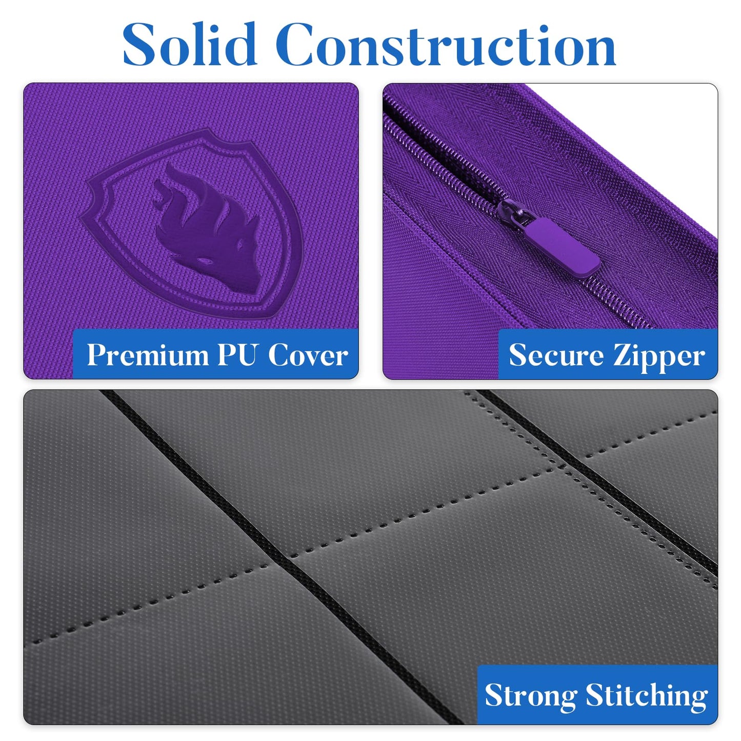 Premium Zip Card Binder, Fabmaker 9 Pocket Trading Card Binder, PU Cover Zipper Card Collection Album, Sturdy 360 Side-Loading Card Folder Holder for Game & Sports Cards, Purple