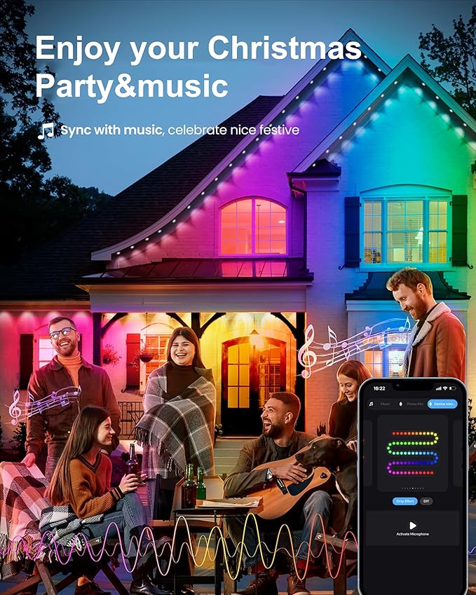 50FT Permanent Outdoor Lights, 108 Scene Modes Smart RGBW+IC Outdoor Christmas Lights with Remote APP Control, IP67 Waterproof LED Eaves Lighting for Halloween Party, Daily, Garden Decor