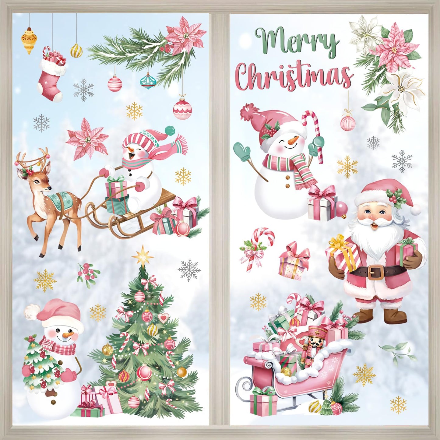 decalmile Christmas Pink Snowman Santa Claus Window Clings Reusable Reindeer Xmas Tree Elk Window Decals Double Side Printed Window Stickers Glass Home Party Supplies Gift Shop Decoration