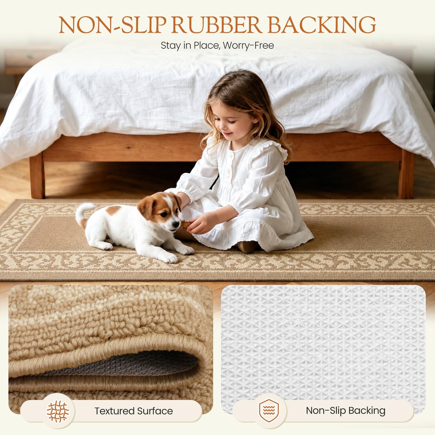Washable Runner Rug 2x6 Ft, Non-Slip Hallway Rug with Rubber Backing, Kitchen Runner, Low Profile Indoor Carpet for Entryway, Laundry Room, Bedroom. (Border Beige, 24‘’X72'')
