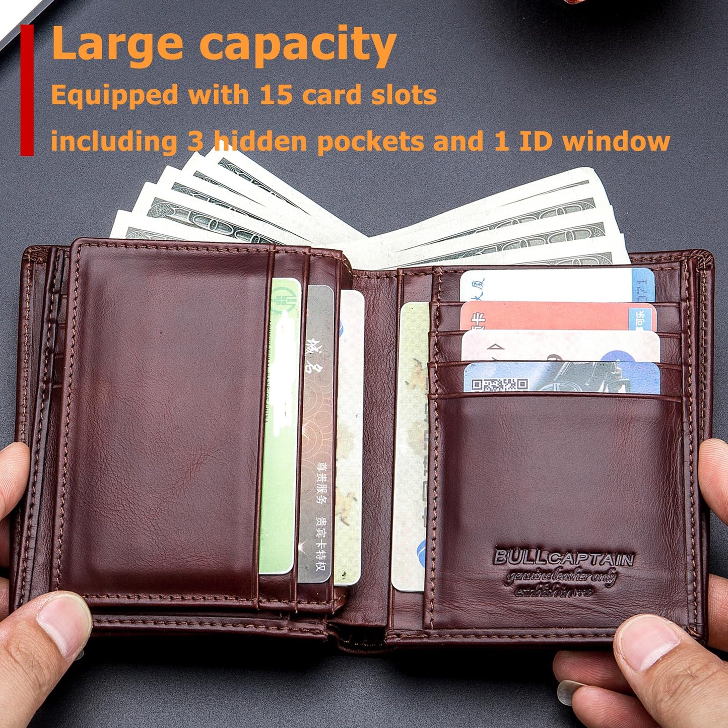 BULLCAPTAIN Large Capacity Genuine Leather Bifold Wallet/Credit Card Holder for Men with 15 Card Slots QB-027 (Brown)