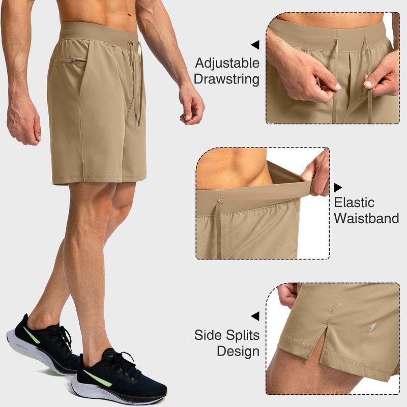 Soothfeel Men's Running Shorts with Zipper Pockets 7 Inch Lightweight Quick Dry Gym Athletic Workout Shorts for Men (Dark Khaki, S)