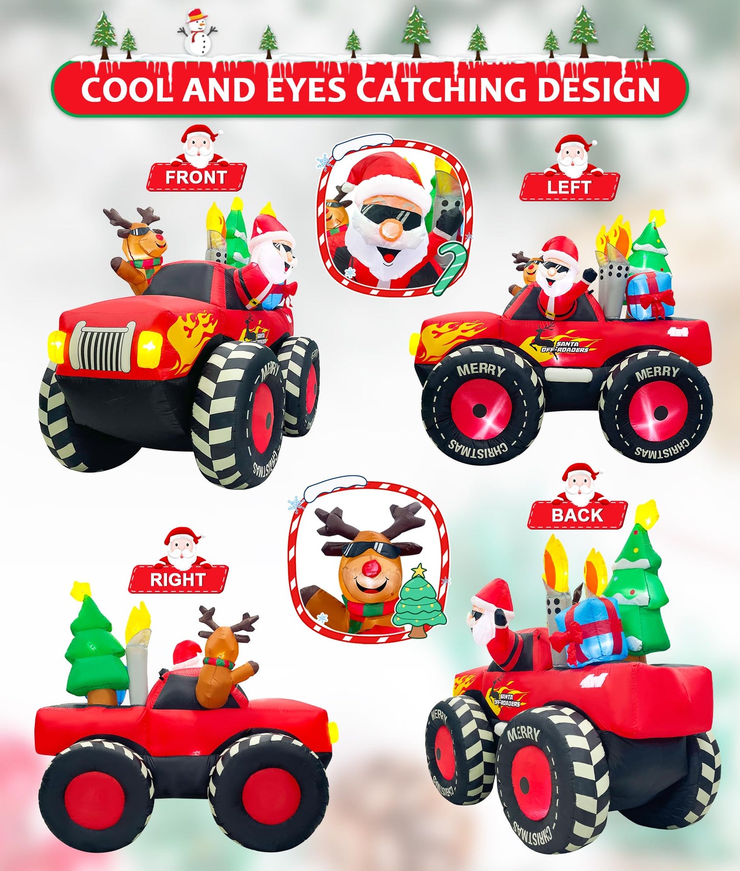 EAONE 7FT Christmas Inflatable Outdoor Decoration, Inflatable Santa Claus & Reindeer on Monster Truck, Blow Up Yard Decorations LED Lighted for Yard, Garden, Lawn, Home Xmas Holiday Decor
