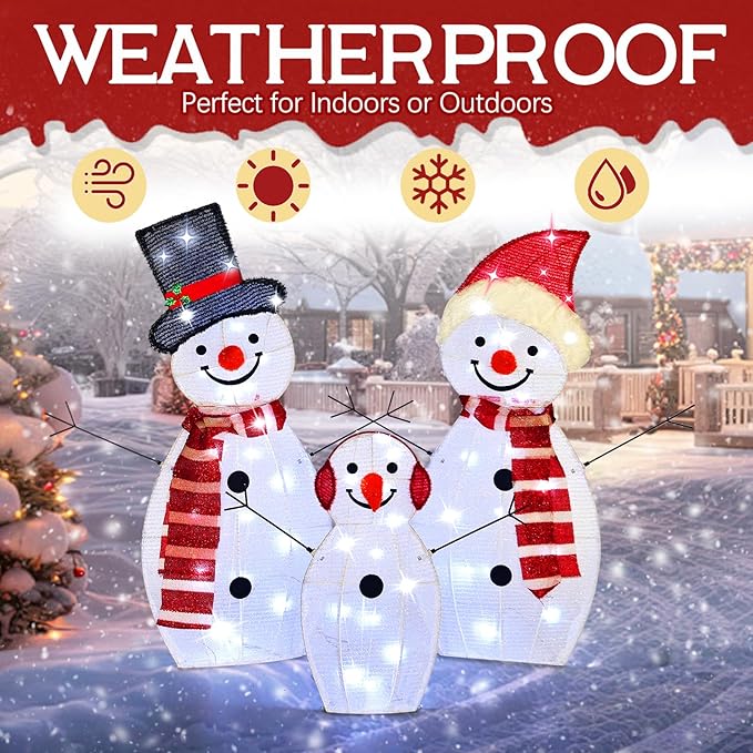 BRIGHTDECK Light Up Snowman Christmas Decorations Outdoor, 54 LEDs Set of 3 Lawn Ornament, Outdoor Lighted Holiday Displays for Christmas Yard Decorations (Snowman)