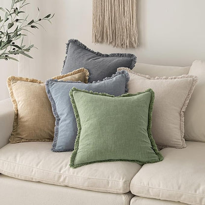 MIULEE Decorative Throw Pillow Covers Neutral Linen Fringe Throw Pillows Euro Shams Set of 2 Sage Green Boho Farmhouse Cushion Covers for Couch Sofa Bed Living Room Spring Home Decor 22x22 Inch