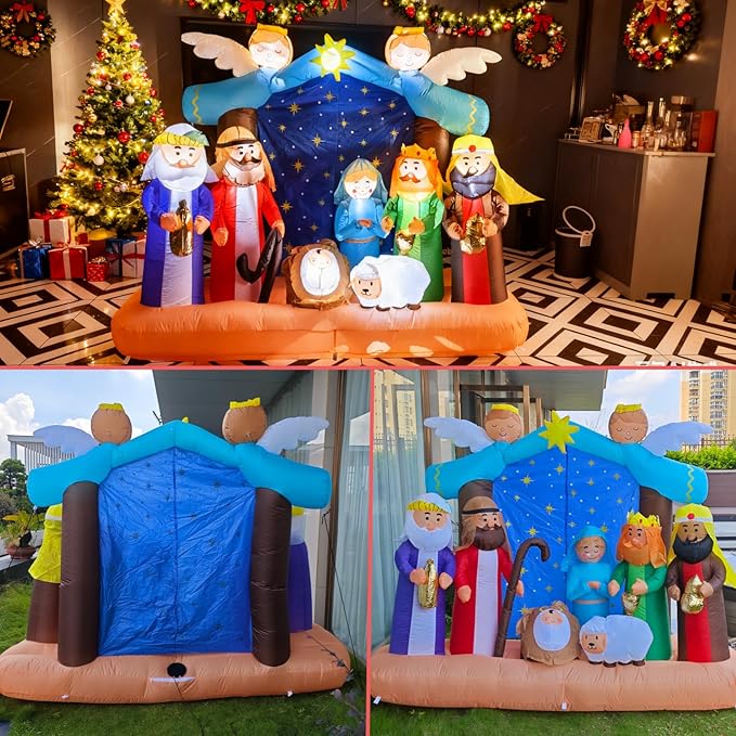 Christmas Inflatable Nativity Scene - 7ft Outdoor Indoor Decoration with LED Lights, Blow Up Yard Decor for Xmas Holiday, Nativity Set Includes Holy Family, Three Kings, Angel & Sheep