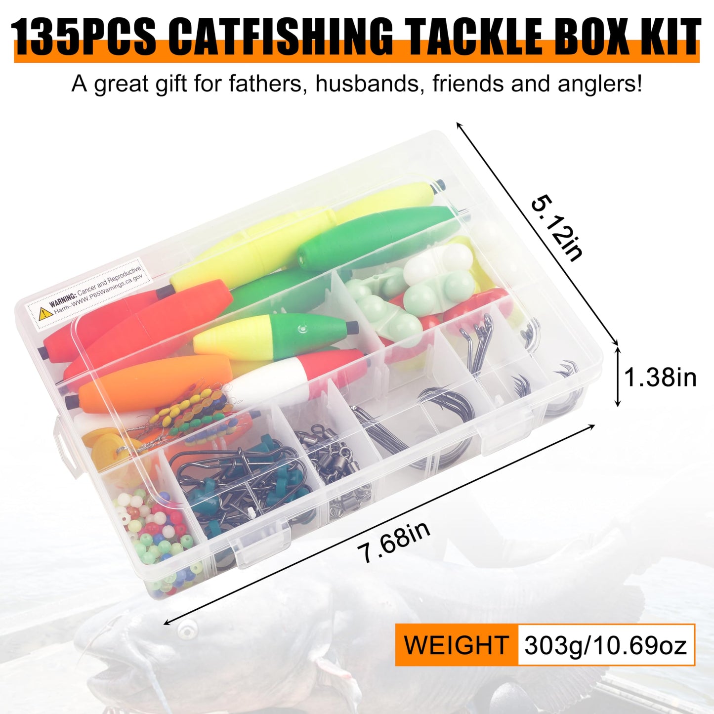 SILANON Catfish Rig Tackle Making Kit,135pcs Catfishing Tackle Accessories with Catfish Floats Catfish Hooks Swivels Fishing Rattles Bells Beads Bobber Stoppers Catfishing Gear Equipment