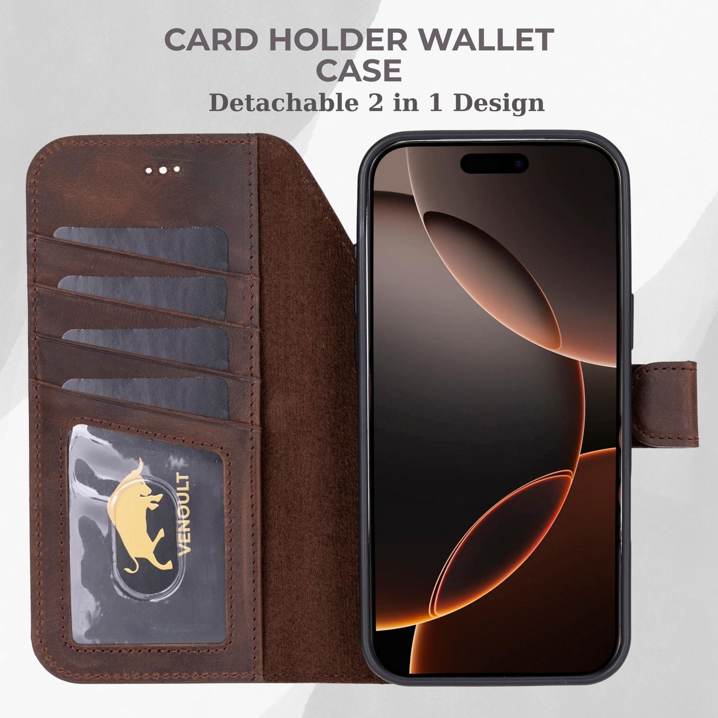 VENOULT Full Grain Genuine Leather Wallet Case for iPhone 17 Pro Max, 4 Card Holder Folio Cover, Business Style, Man or Women, Compatible with MagSafe, RFID Protected, Handmade (Vintage Brown)