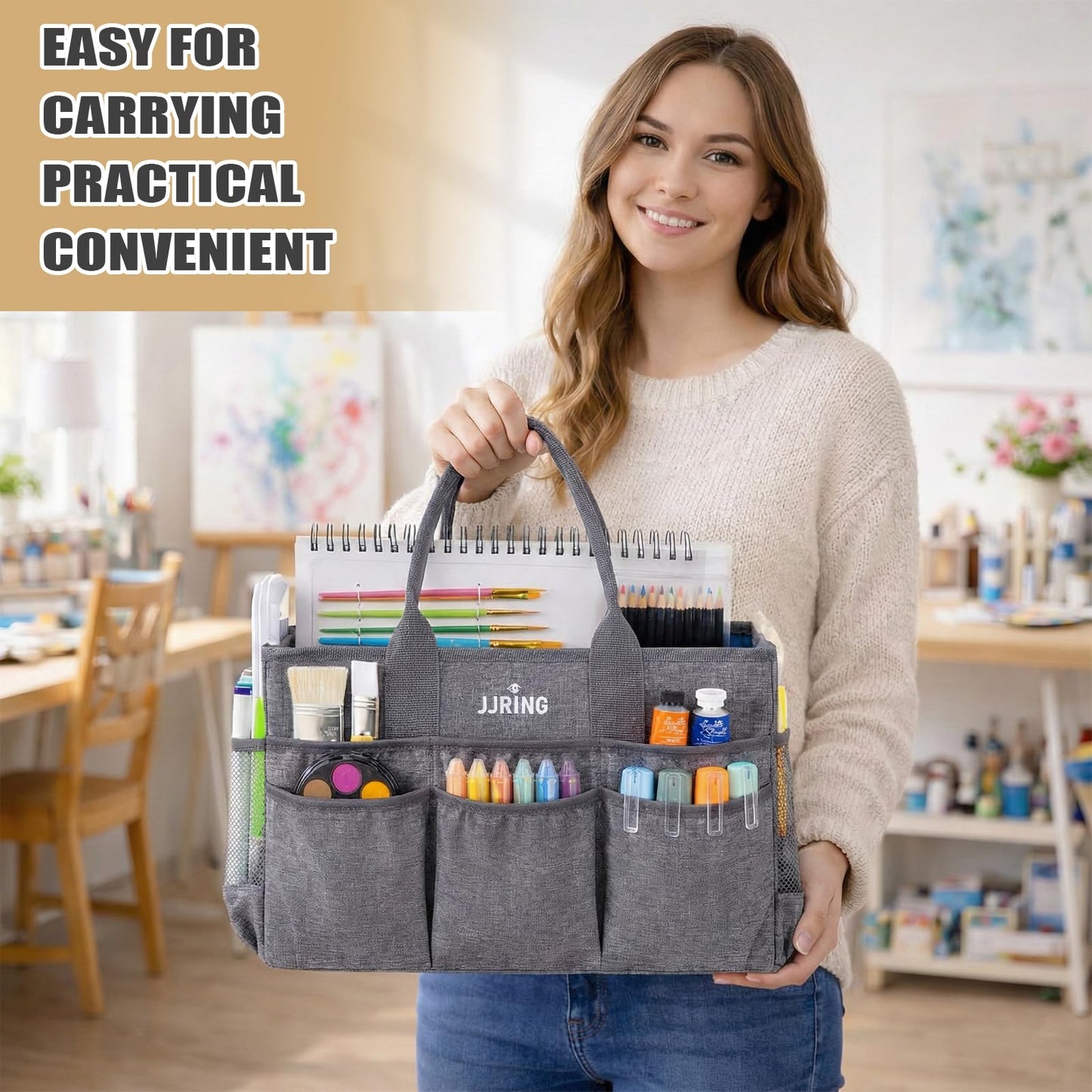 JJRING Large Art Supply Storage Tote Bag With 2 Mesh Side Pockets & Front Elastic Pockets – Sturdy Craft Organizer Caddy with Reinforced Bottom For Sewing, Scrapbooking, Teachers & Artists(Grey)