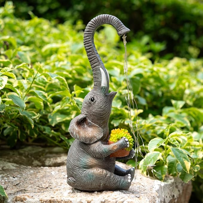 Elephant Garden Statue with Solar Watering Lights, Outdoor Resin Animal Sculpture for Patio, Lawn, Yard – Unique Gift for Women, Mom, Grandma (Dark Grey Succulents)