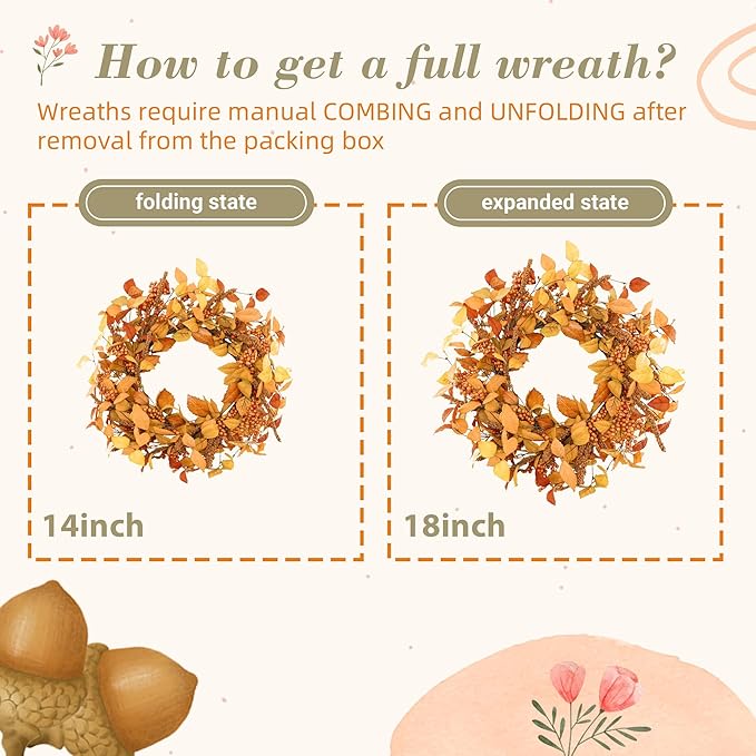 YNYLCHMX 18" Fall Wreaths for Front Door, Artificial Autumn Wreath, Fall Door Wreath with Eucalyptus Leaves and Sorghum for Home Porch Window Wall Farmhouse Decor, Indoor Outdoor, Holiday Decor