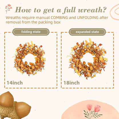 YNYLCHMX 18" Fall Wreaths for Front Door, Artificial Autumn Wreath, Fall Door Wreath with Eucalyptus Leaves and Sorghum for Home Porch Window Wall Farmhouse Decor, Indoor Outdoor, Holiday Decor