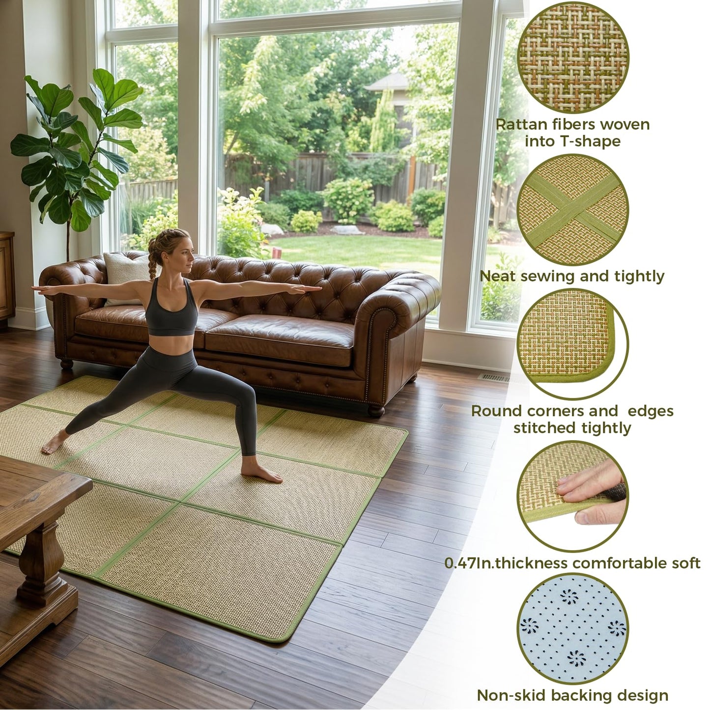 71'' x 71'' Large Japanese Tatami Mat, 0.47'' Thickness Foldable Thickness Rattan Japanese Floor Mats with Storage Bag, Non-Slip Breathable Memory Foam Area Rug Living Room Bedroom Yoga (Green)