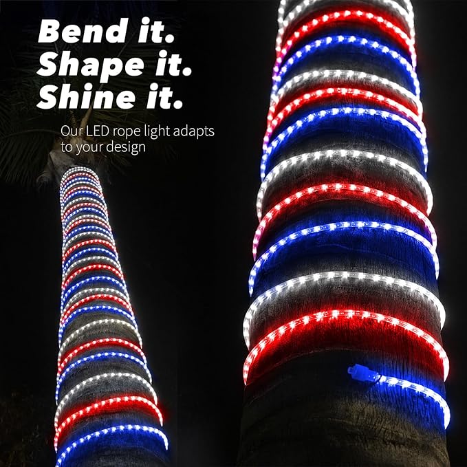 WYZworks 1116LEDs 100ft LED USA Patriotic American Red White Blue Outside Rope Lights, Outdoor ETL Certified Waterproof Permanent 360 Degree Light, Flexible Tube, Connectable, Palm Tree Exterior