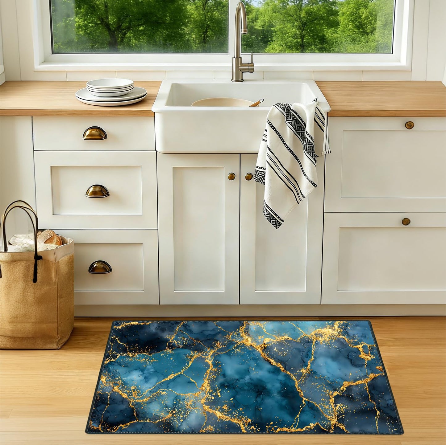 ANNA QUEEN 2x3FT Blue Gold Marble Area Rug, Indoor Door Mat Entry Rug, Luxury Abstract Washable Non Slip Rug for Front Door Foyer Hallway Kitchen Apartment
