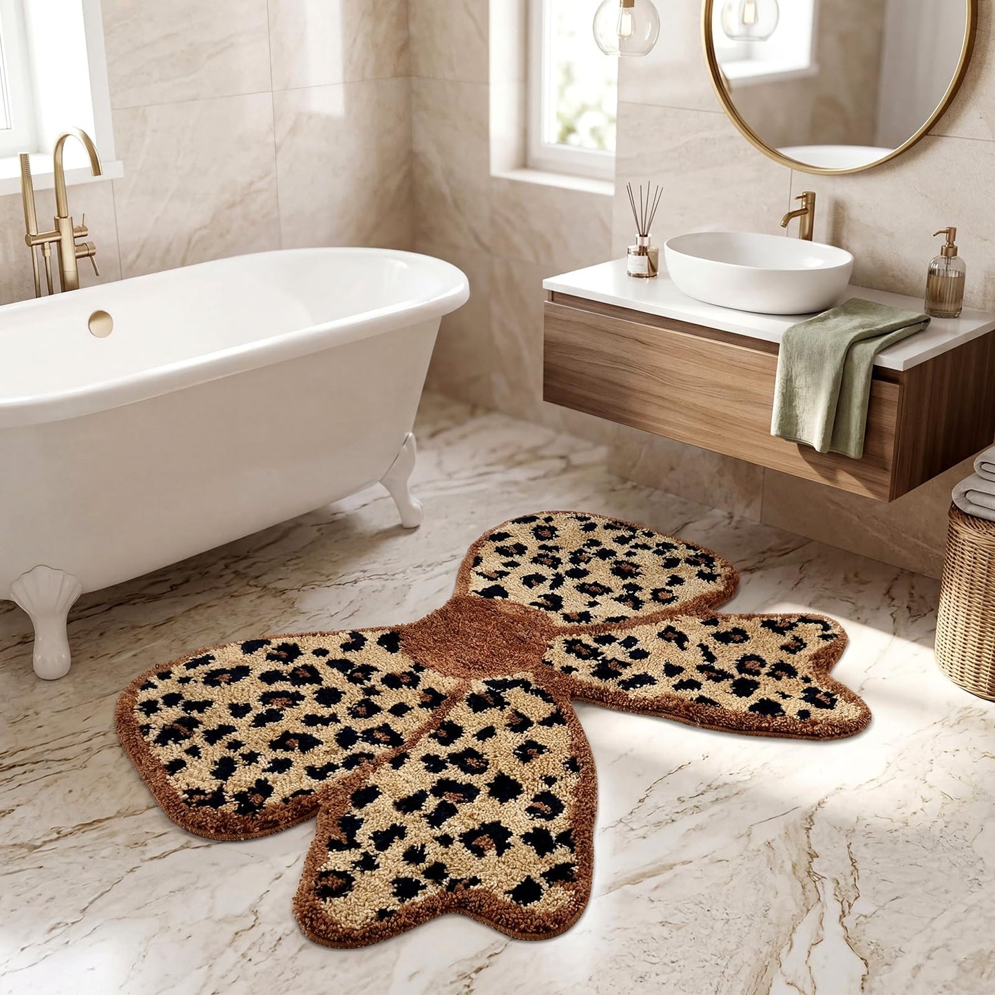 Klyyo Clyro Leopard Print Bow Shaped Bathroom Rug, 31.5x22 in Soft Plush Cheetah Bow Bath Mat, Coquette Cute Bowknot Room Decor, Aesthetic Non Slip Animal Print Area Rug for Bedroom Living Room