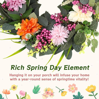 Wreaths for Front Door, 24 Inch Spring Fall Wreath with Vibrant Flowers and Greenery, Artificial Autumn Wreath for All Seasons Farmhouse Outdoor Indoors Holiday
