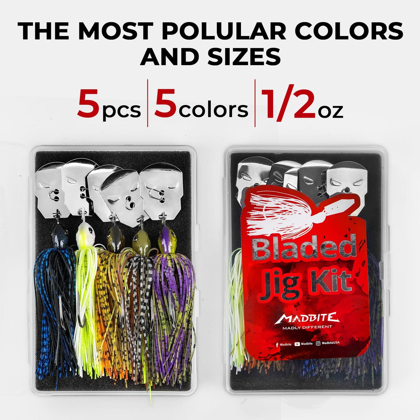 MadBite by KastKing Bladed Jig Fishing Lures, 5 pc Multi-Color Kits, Irresistible Vibrating Action,Sticky-Sharp Heavy-Wire Needle Point Hooks, 1/2 oz Sizes, Includes Storage Box