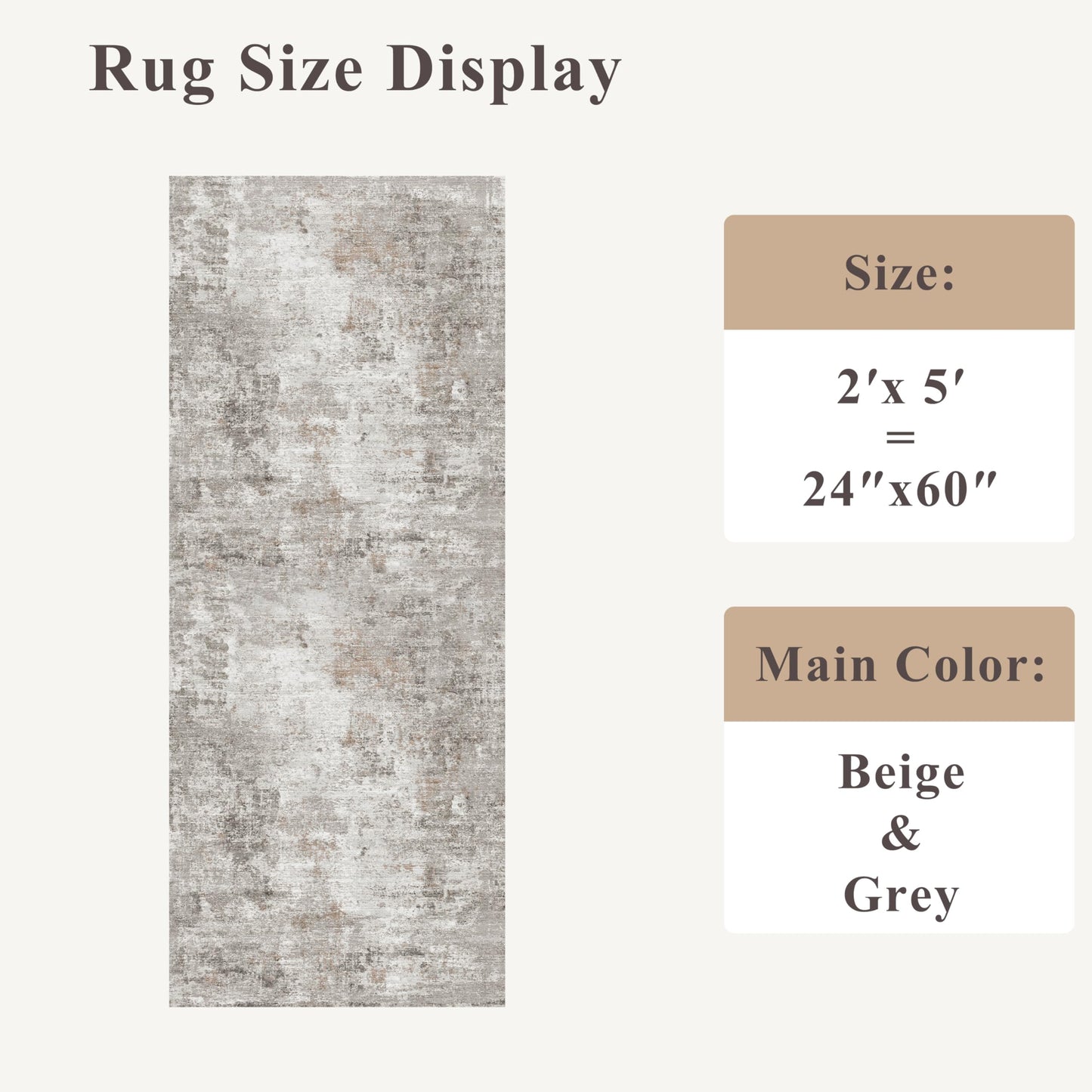 2x5 Rug Runner Non-Slip Washable – Modern Neutral Abstract Small Rug for Hallway, Kitchen, Bathroom, Bedroom, Entryway, Laundry Room – Thin Soft Low-Pile Rubber Backing (Beige/Grey)